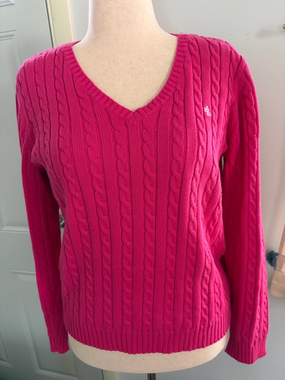 Lauren Ralph Lauren Cotton V-neck Cable Knit Bright Hot Pink Sweater